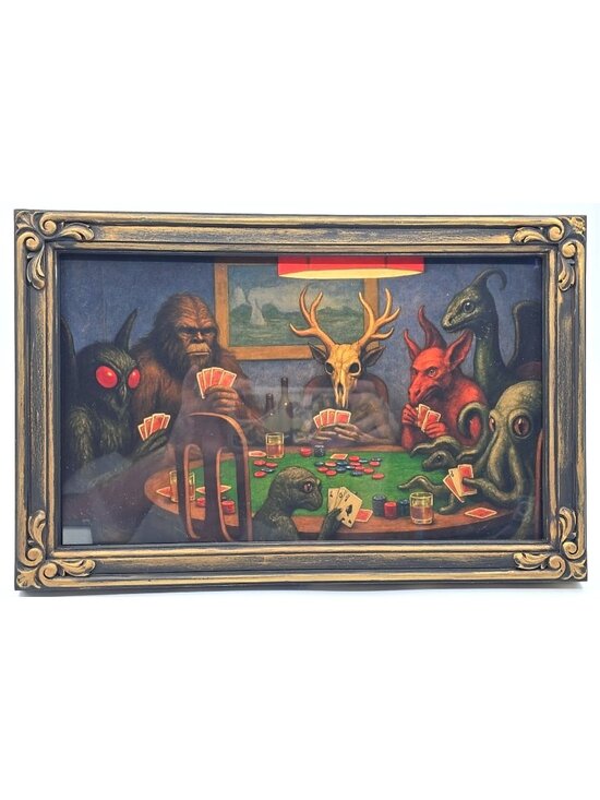 Other - OOAK Framed Print Creepy Ephemera Cryptids Playing Poker Bigfoot Mothman 15.25"